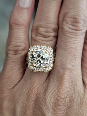 18k Yellow Gold Halo Cushion Ring with GIA 4.5 Old Euro Center Stone